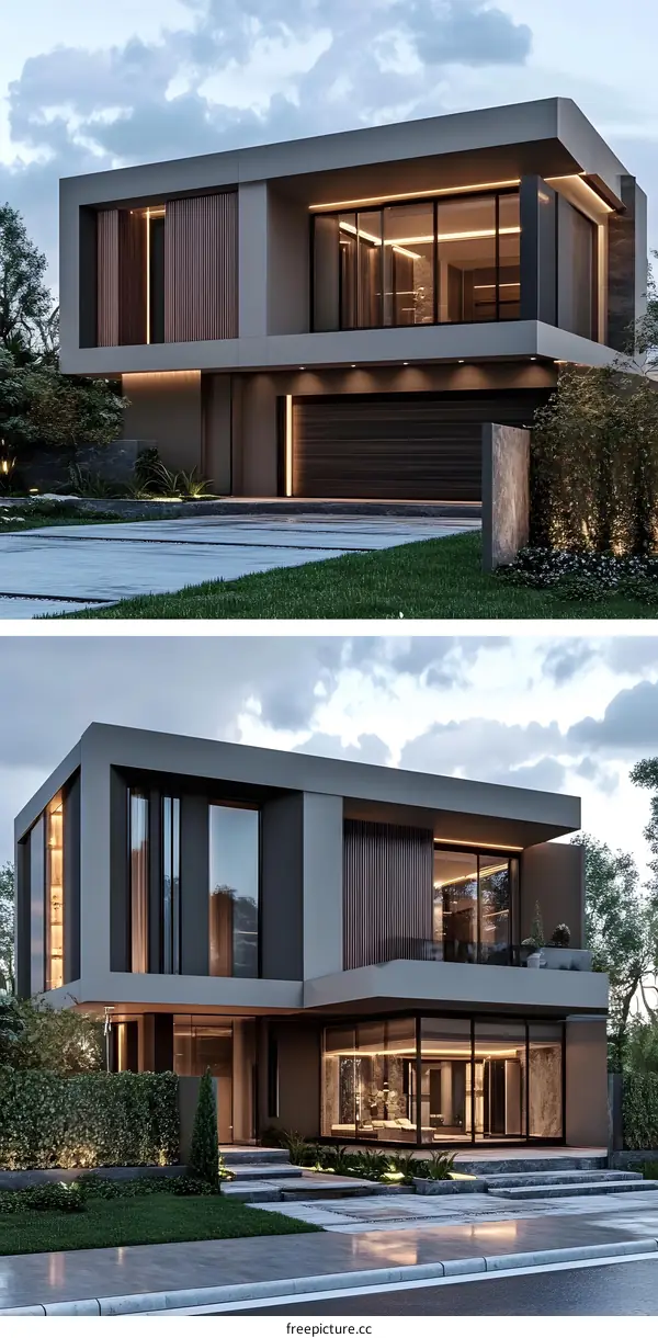 Modern Minimalist House with Large Windows and Wooden Accents