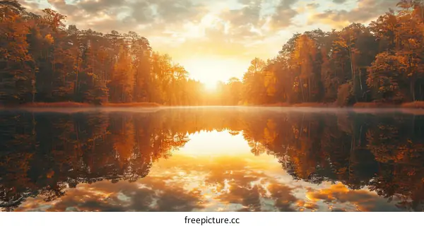 Picturesque Sunrise or Sunset with Lake and Forest Landscape