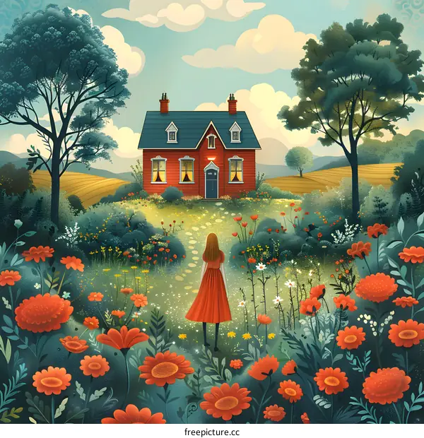 girl in red dress walking through a field of red flowers towards a red house