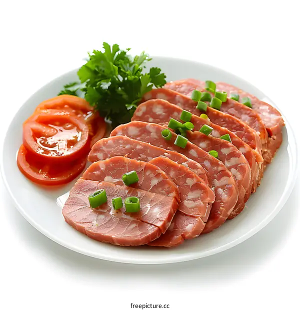 Sliced sausage with tomatoes on a plate