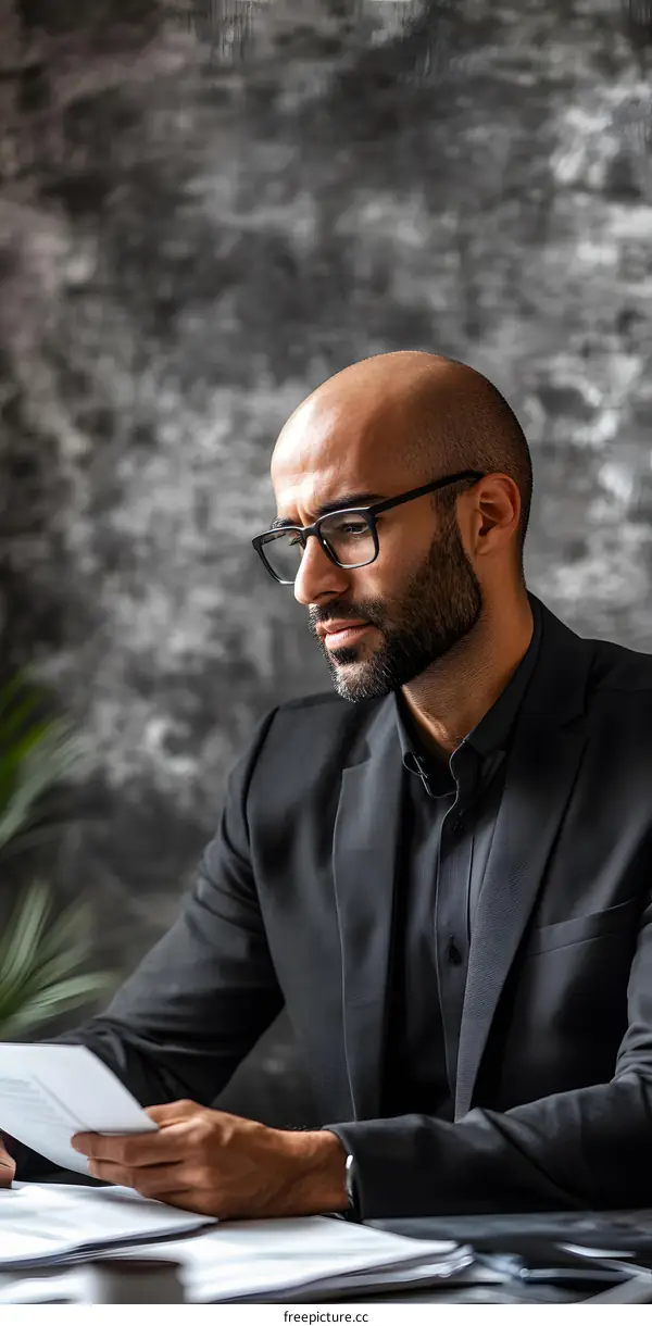 Serious Businessman Reading Documents at Desk