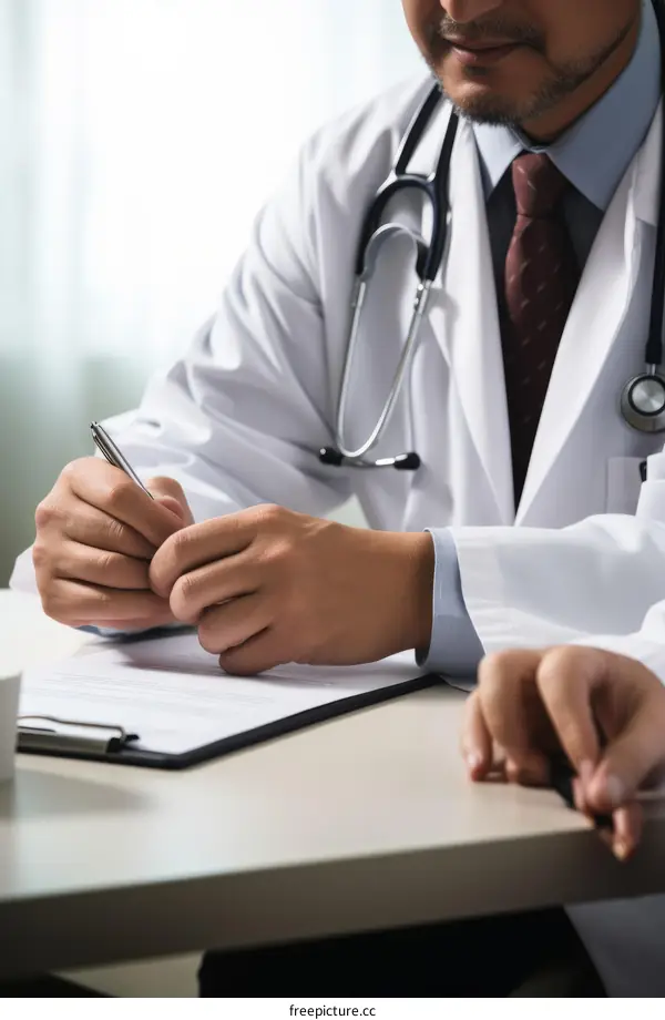Doctor in white coat writing on clipboard with patient