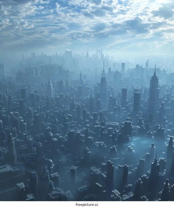 A futuristic cityscape with skyscrapers against a blue sky