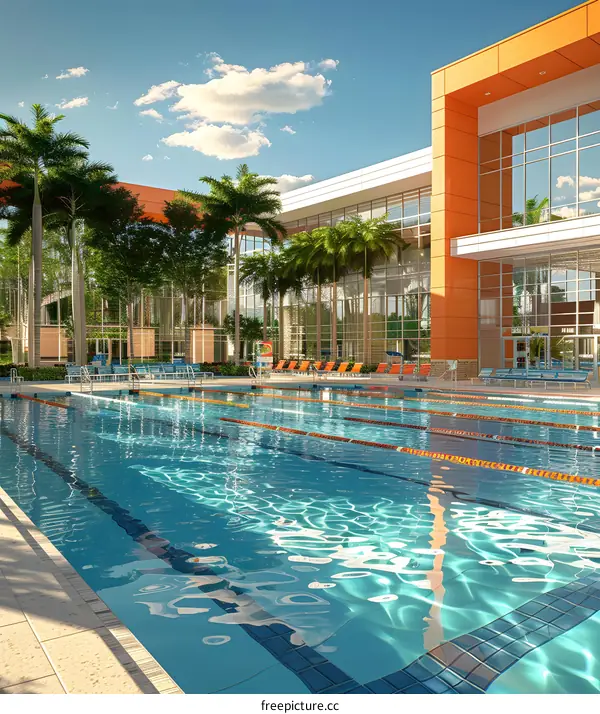 Outdoor Swimming Pool with Palm Trees and Modern Architecture