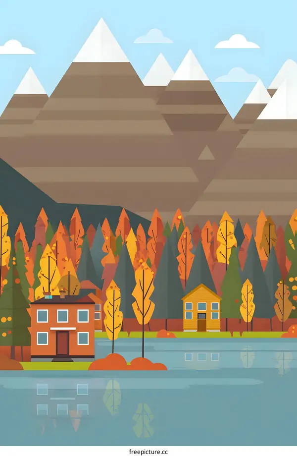 Autumn Mountain Landscape Illustration With Lake And Houses
