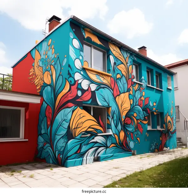 Colorful floral street art on the side of a building