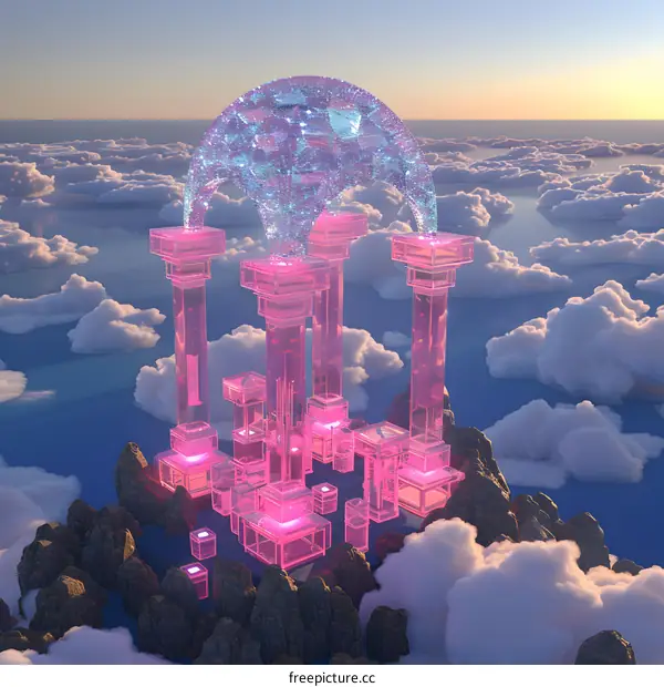 Pink Glass Castle in the Clouds with a Blue Sphere
