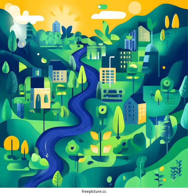 Green City Landscape with Winding River