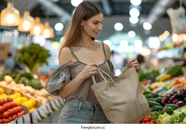 Young woman with a shopping bag full of fresh vegetables