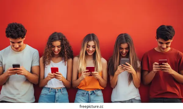 Four Teens Immersed in Mobile Devices Against a Vibrant Red Background
