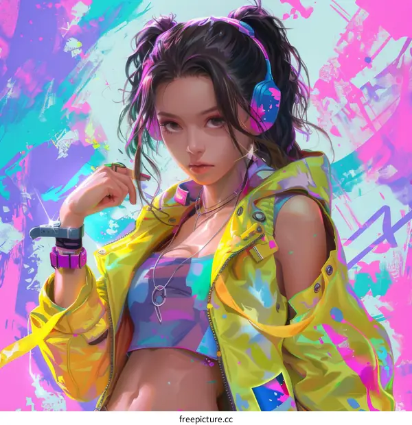 Young Woman with Blue Eyes Wearing Yellow Jacket and Headphones