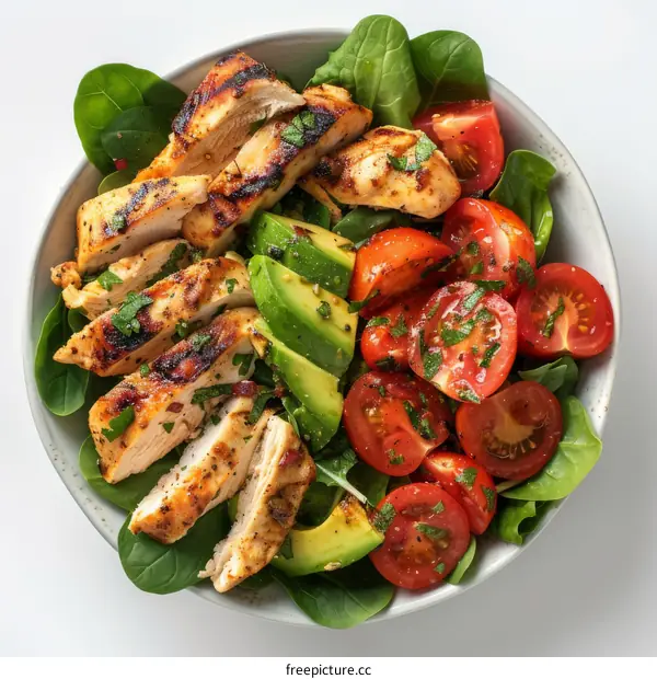 Grilled Chicken Salad with Avocado, Tomato, and Spinach