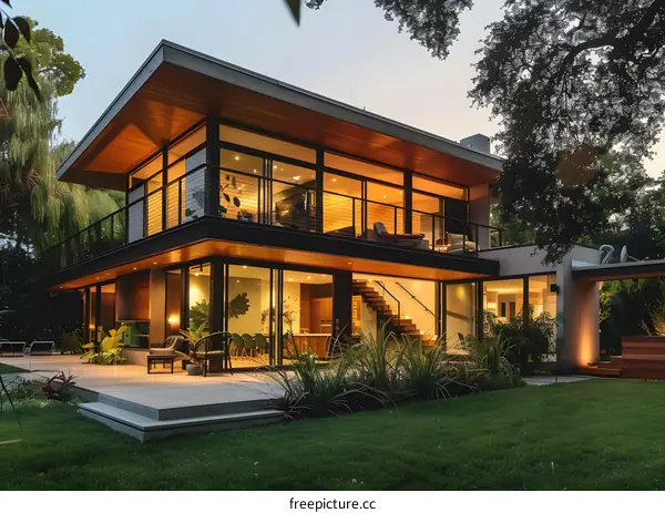 Modern House with Large Windows and Wooden Deck