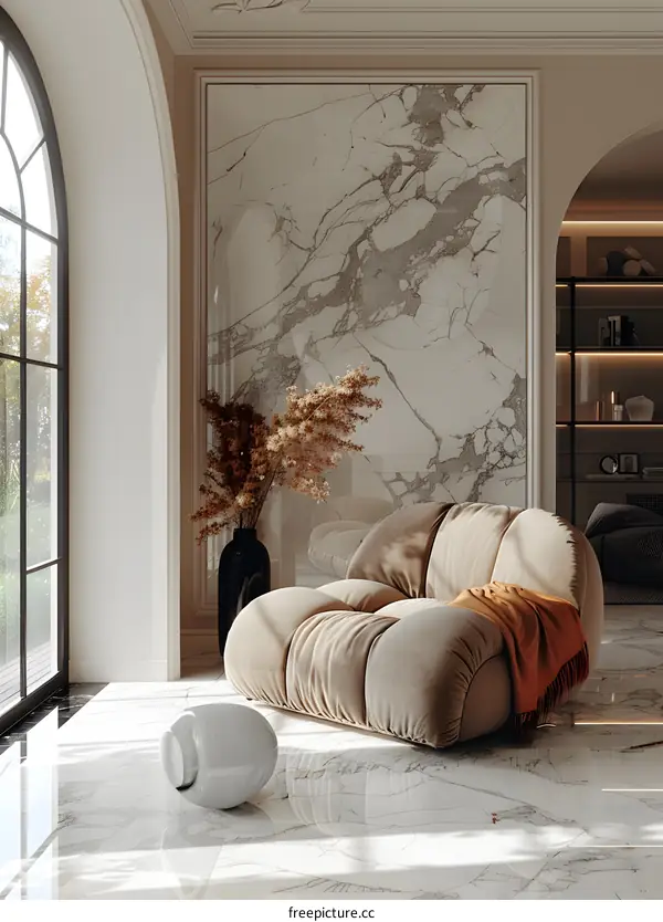 Minimalist Interior Design with Beige Fabric Sofa and Marble Background Wall