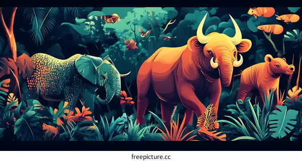 Jungle Animals Illustration with Colorful Background