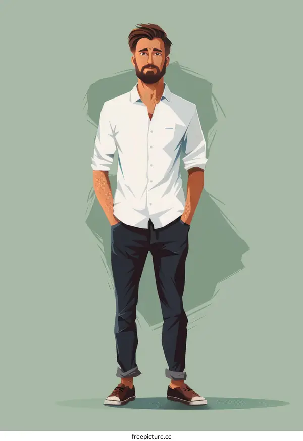 A man with a beard is standing with his hands in his pockets