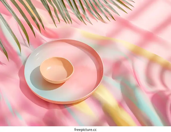 Pastel Pink Plate and Bowl With Palm Leaf Shadow