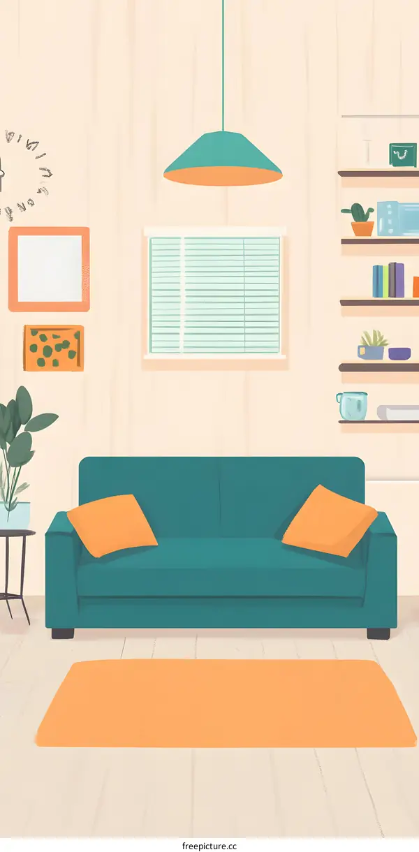 Modern Living Room Interior Design Illustration with Teal Sofa and Orange Rug