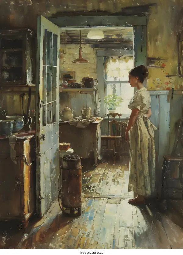 A woman standing in a doorway looking out at a bright day