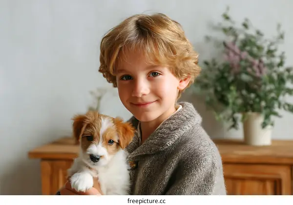 Boy Holding Puppy Portrait