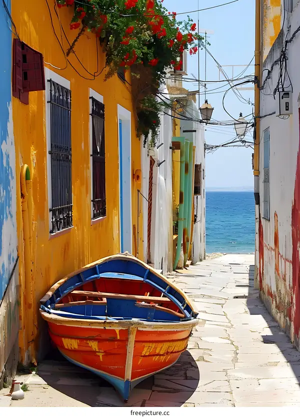 A boat sits on a stone street in a colorful village on the Mediterranean Sea.