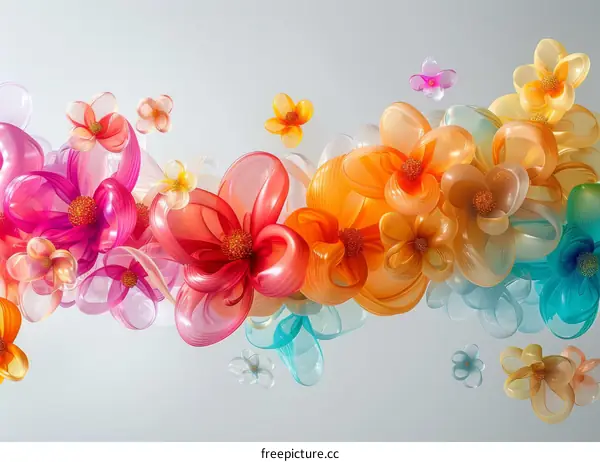Colorful plastic flowers of different sizes on a white background