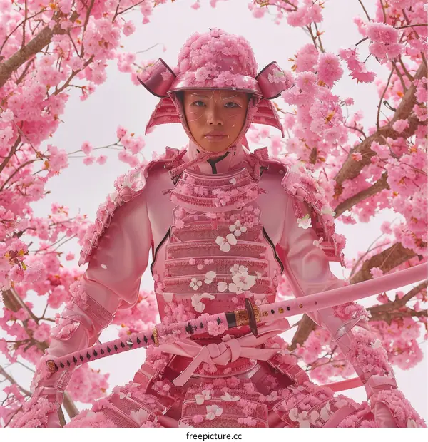 Samurai in Pink Armor Amidst Cherry Blossoms