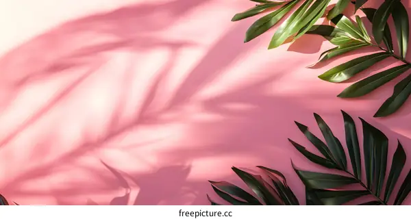 Pink Background with Palm Leaves and Shadows