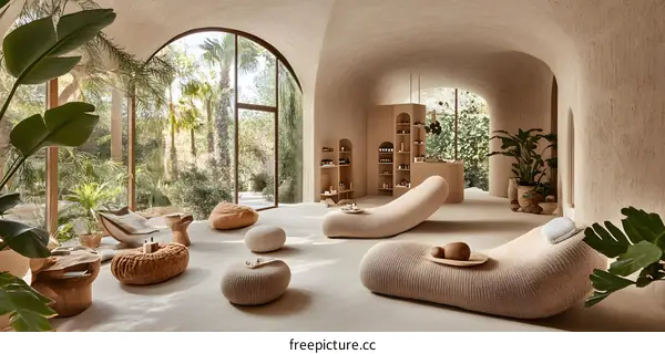Modern Minimalist Spa Interior Design with Natural Elements and Curved Furniture
