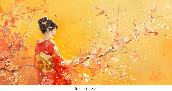 Woman in Red Kimono Amongst Cherry Blossoms