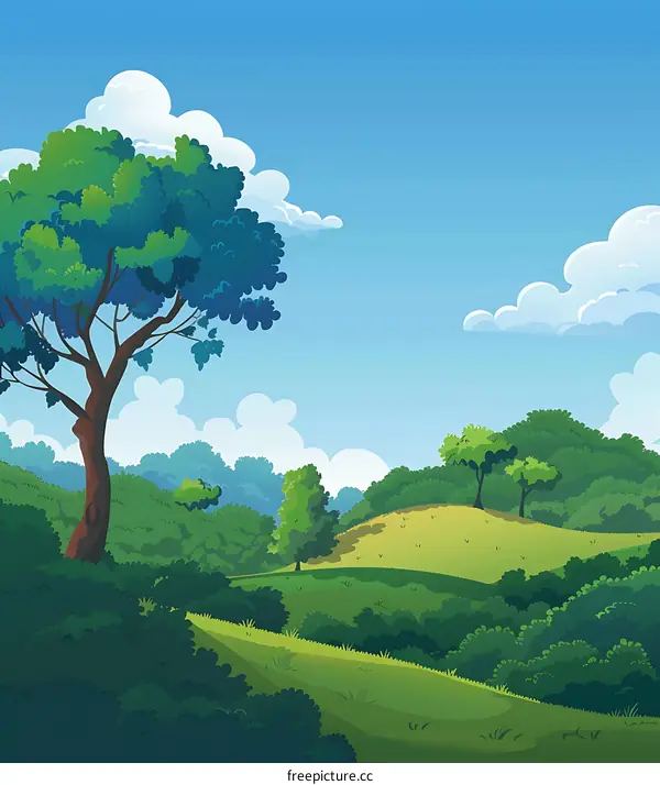 Green Summer Landscape with Blue Sky and Clouds