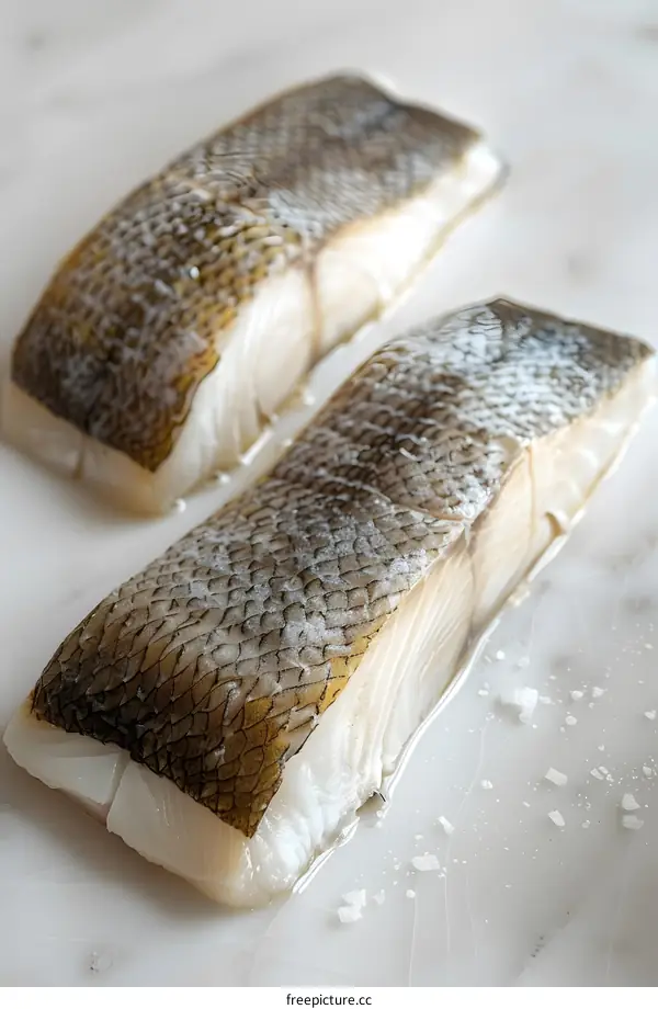 Fresh Raw Cod Fish Fillets on Marble Surface