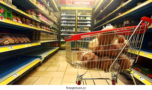 Full Shopping Cart In Supermarket Aisle