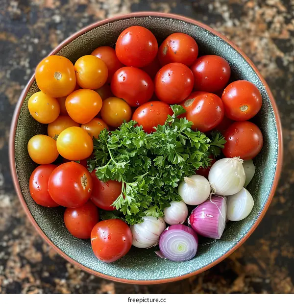 A bowl of tomatoes, shallots and parsley