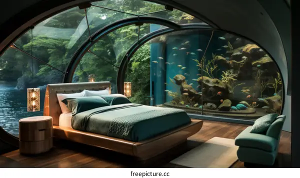 futuristic bedroom interior design with large aquarium