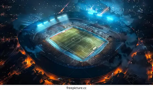 Night Aerial View of a Stadium with Soccer Field and Fans