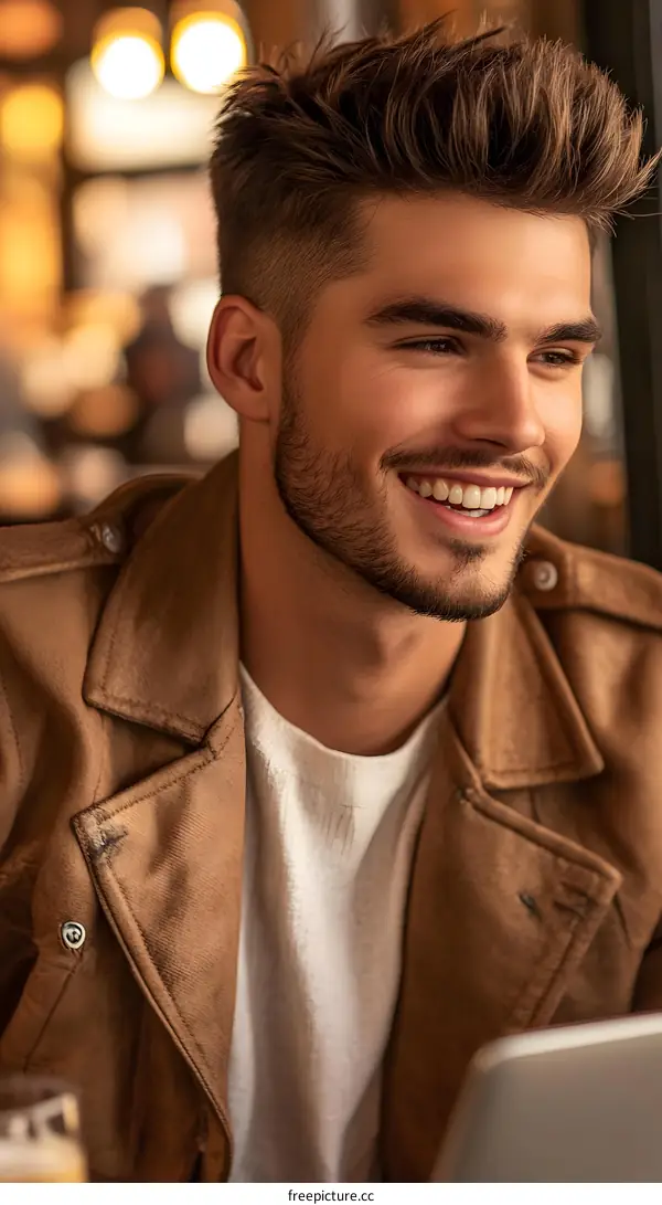 Smiling Man in a Brown Leather Jacket