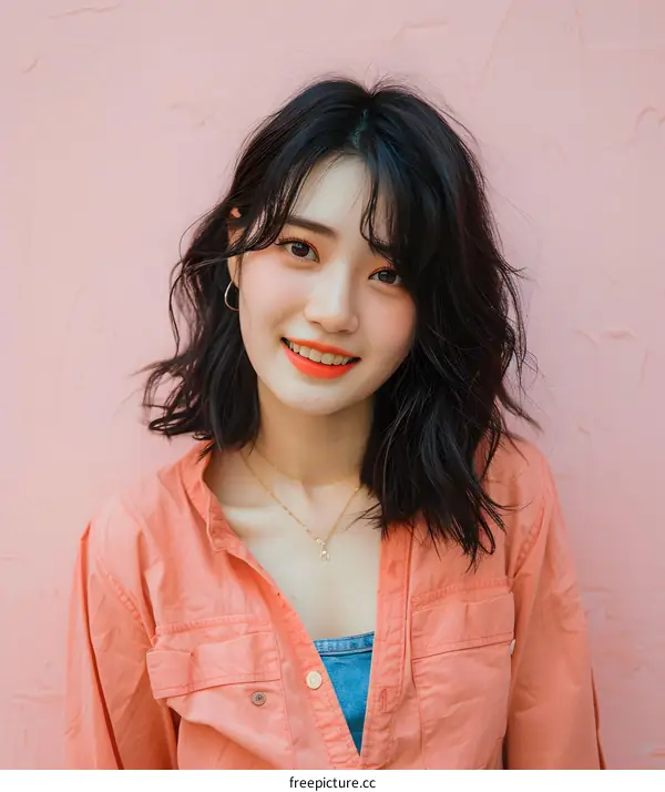 Asian Woman With Short Hair Smiling in Pink Background