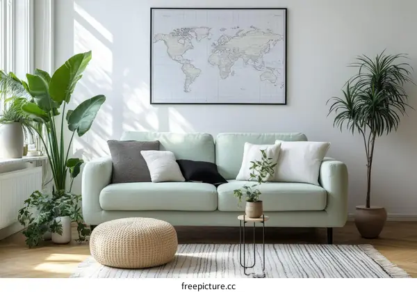 Modern Living Room with World Map and Plants