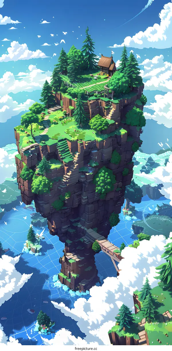 Fantasy Floating Island Landscape with House and Bridge