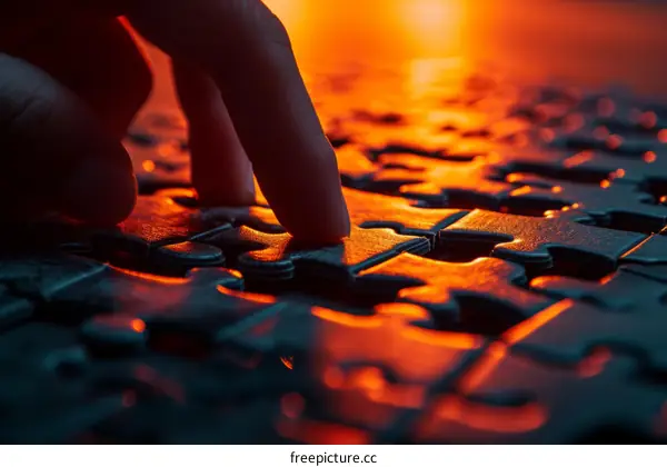 Fitting the final piece of a puzzle with warm light in the background