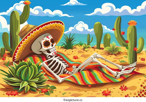 Skeleton Relaxing in Desert With Sombrero