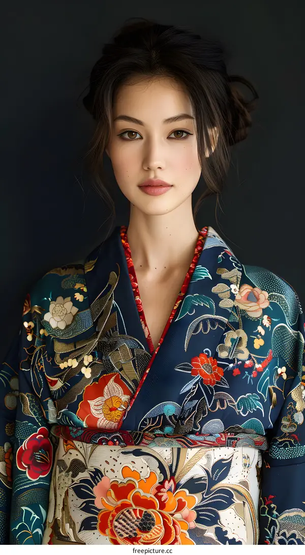 Beautiful Asian Woman in Traditional Japanese Kimono with Floral Pattern