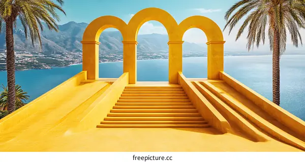 Yellow Archway Stairway Leading To A Scenic View