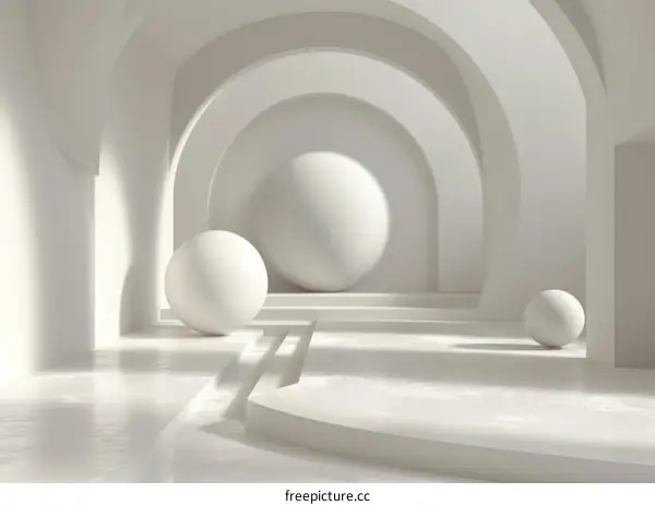 Abstract Minimalist White Interior With Arched Walls and Spheres