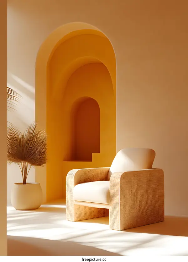 Minimalist Interior Design with Rattan Chair and Archway