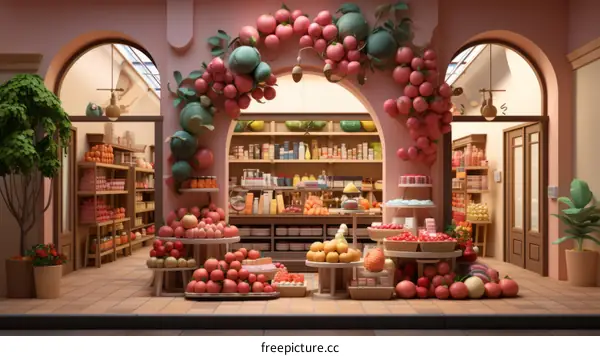 Small Grocery Store with Pink Walls and Colorful Produce