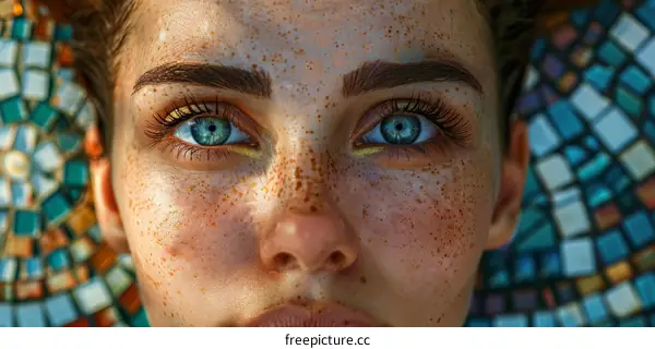 Close-up portrait of a young woman with freckles and blue eyes