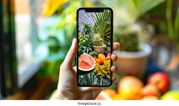 Hand Holding Phone with Fruit Photo on Screen