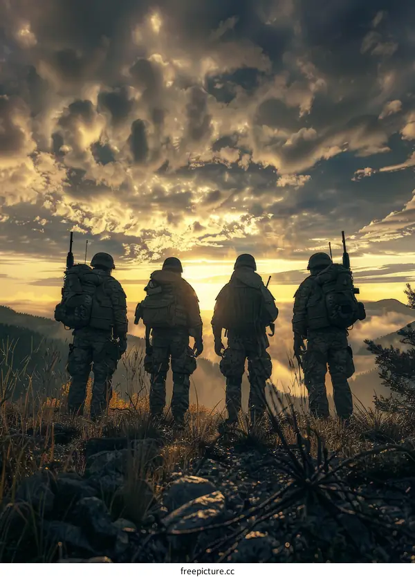 Special forces soldiers standing on top of a mountain looking at the sunset